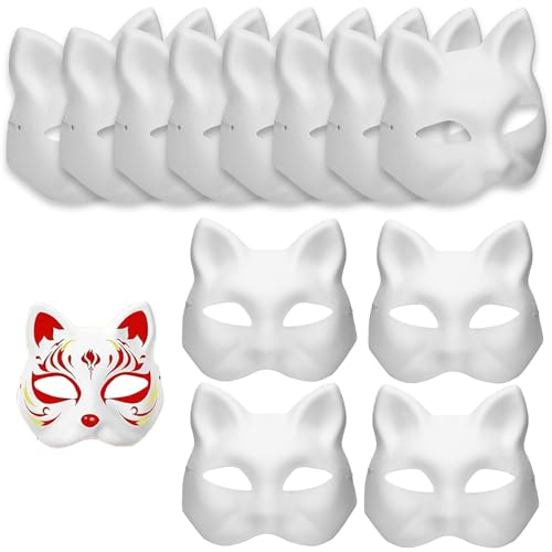 zrfgbxim 12 Stück Katzenmasken, Therian Mask, Fuchs Maske, Weißes DIY Masken zum Anmalen, DIY Papier Maske, Leere Cat Mask für Halloween Cosplay Maskerade Party Maskenball Masken Unbemalte Stütze