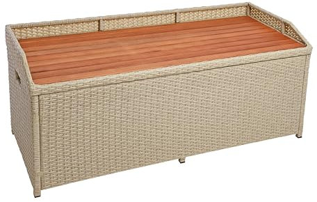ESTEXO Polyrattan Gartenbank Sitzbank mit Auflagenbox Kissenbox Rattan Kissentruhe Bank mit Stauraum Beige