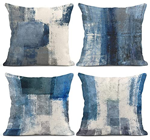 JIMOWANG Blue and Grey White Art Artwork Set of 4 Throw Pillow Covers 18x18 Inches Decorative Pillow Cases for Sofa Bedroom Car Pillowcases