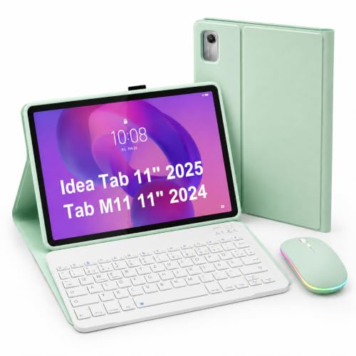 HLTOOP Tastatur Hülle für Lenovo Idea Tab 11'' 2025 TB336ZU/TB336FU/ Tab M11 2024/ K11,QWERTZ Deutsch,Schlanke PU-Ständerabdeckung Mit Magnetisch Abnehmbarer Kabelloser Tastatur, Tablet-Maus,Grün