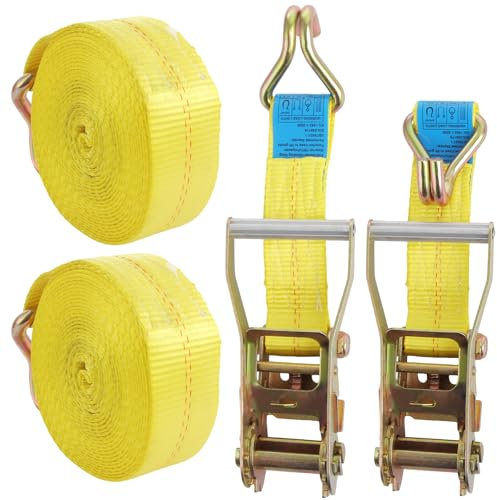 FWEEK 2 Sets Ratchet Tie Down Straps 5cm x 6m, 11000lb Break Strength, Heavy Duty Lashing Strap, Securing Straps with Handle and Metal J Hook for Trucks, Cars, Motorcycles – Yellow