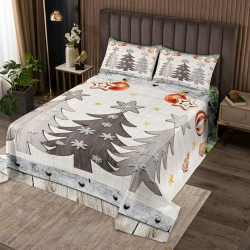 Rustikale Bauernhaus Bettwäsche L Größe, Frohe Weihnachten Sterne Kiefer Retro Quilt Set mit 2 Kissenbezügen,Vintage Land Weihnachten Scheune Holz Microfaser Coverlet Set für Kinder,Atmungsaktiv