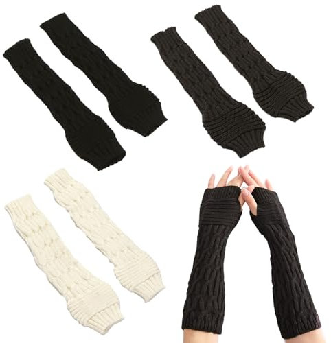 TUONYIS 3 Paar Winter Gestrickte Handschuhe für Damen, Halb Fingerlose Handschuhe Unisex, Damen Lange Armstulpen, Handwärmer Stulpen, Thermo Gestrickte Fingerlose Handschuhe mit Daumenloch (3 Farben)