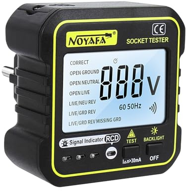 NOYAFA Comprobador de enchufes con 7 tipos de diagnóstico de fallos, prueba de fugas y prueba FI, pantalla LCD de voltaje 90-250 V/50-60 Hz