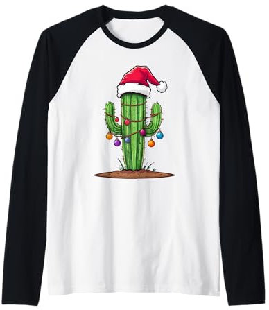 Kaktus-Weihnachtsbaum mit Lichtern, Weihnachtsmannmütze, lustig, warm Raglan