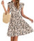 AUSELILY Women Summer Dress V Neck Ruffle Short Sleeve Ladies Dress Wrap Waist Casual Minidress with Pockets Apricot Black Leaf 2XL
