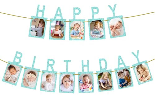 Banner de fotos de feliz cumpleaños, álbum de pancartas de fotos, banderines de cumpleaños, banderines de feliz cumpleaños para niños y adultos, decoración de fiesta de cumpleaños (azul)