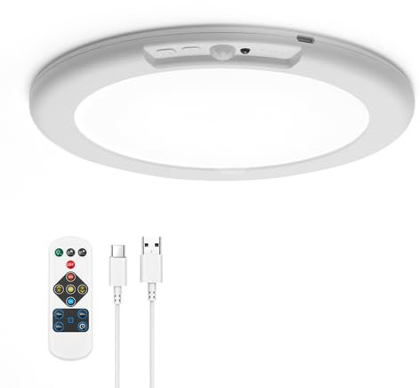Yafido Plafon LED Techo con Sensor de Movimiento, Lampara Recargable por USB 5000mAh con Control Remoto, Luz de Techo Regulable Sin Cables, para Baño, Garaje, Pasillo, Sótano, Ø19cm