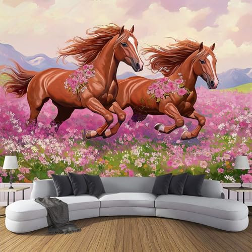 3D Fototapete Tiere Tapete, Blumenfelder Laufen Pferde Panorama-Tapete Für Wohnzimmer, Schlafzimmer, Kinderzimmer, Wanddekoration (396X280Cm (B×H)), Moderne Art Wandtapete