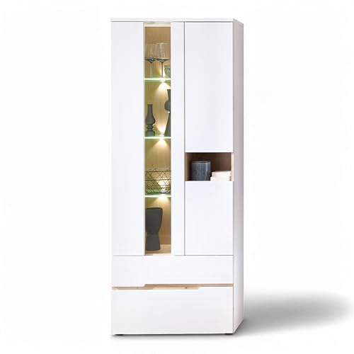 Stella Trading Memphis Vitrine in Weiß, Artisan Eiche Optik - Moderner Vitrinenschrank mit LED-Beleuchtung und viel Stauraum - 75 x 197 x 38 cm (B/H/T)