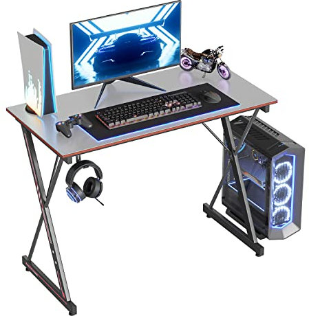 CubiCubi Gaming Tisch 80 x 50 cm, Gaming Schreibtisch, PC Tisch mit Kopfhörerhaken und Kohlefaserbeschichtung, Ergonomischer Computertisch, Metallgestell, Kohlefasergrau