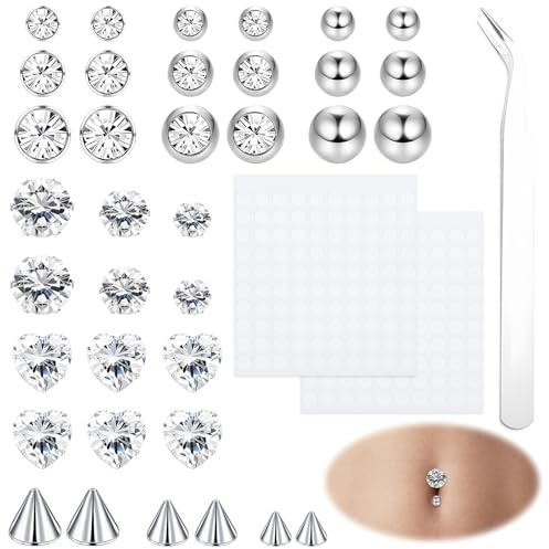 viallolipa 36Pcs Fake Belly Piercing, Fake Nose Piercing Studs Eyebrow Ring Lip Pier cing Labret Studs Non Pier cing Nose Rings Belly Button Jewellery