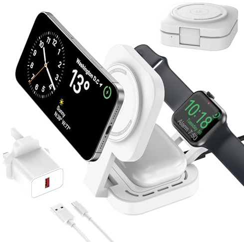 3 in 1 Wireless Charging Station for Apple Devices, Foldable Wireless Charger Stand for Magsafe for iPhone 17/Air/16/15/14/13/12 Series, Apple Watch Series, AirPods pro/2/3/4(Adapter Included) (White)