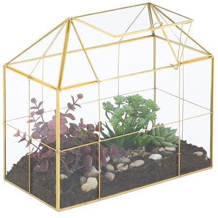 Relaxdays Terrario Plantas, Cristal y Cobre, 27x30x15 cm, Casa Decorativa Vidrio para Cactus y Musgo, Terrarium, Dorado, 80% 20%