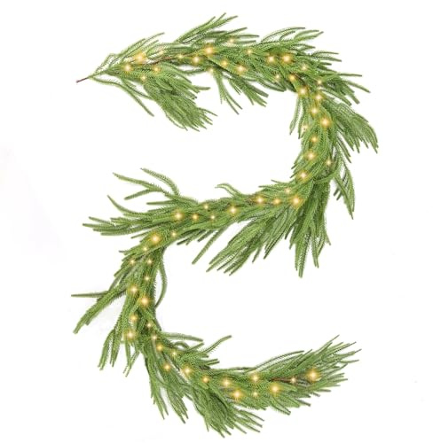 Christmas Garland with Lights, 2.7M/9FT Norfolk Pine Xmas Garlands for Fireplace Stairs Artificial Wreath with 50 LED Lights for Table Wall Tree Front Door Home Holiday Decor