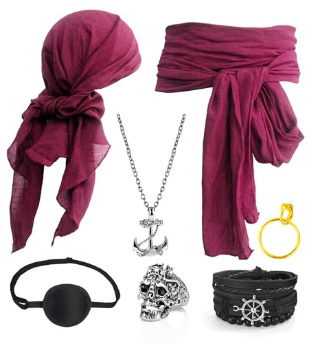 Augesak Piraten Kostüm Accessoires Herren Damen, Mittelalter Piratin Verkleidung Zubehör, Piraten Kopftuch Schärpe Augenklappe Ohrringe Halskette Armband Ring für Halloween Fasching Cosplay Party