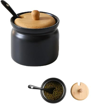 Shuqio Keramik Zuckerdose Schwarz Bambusdeckel mit Löffel 180 ml 6.8 x 8cm | Luftdichte Keramik Zuckerdose mit Bambusdeckel & Löffel, platzsparend, für Zucker Salz Gewürze Küche