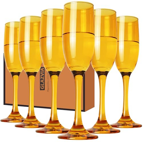 GLAZVIA Champagne Flutes Glasses Set of 6-6oz Elegant Amber Glass, Unique Amber Colored Long Stem Champagne Flute Gift for Wedding, Anniversaries, Parties, Birthday, Restaurant, Home Bar