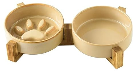 Ceramic Raised Dog Bowl Set with Wood Stand, Elevated Pet Slow Food and Water Bowl, Dog Bowl Ceramic Cat Bowl Feeding Bowl with Bamboo Stand Feeding Bowls for Dogs and Cats (Brown, M)