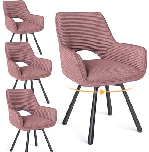 WAFTING Esszimmerstühle 4er Set Drehbar 360°,Armlehnstuhl,Küchenstuhl,Rosa | Metallbeinen,Cord Stoff,Küchenstühle,Wohnzimmerstuhl,Polsterstuhl mit Samt,Esszimmer,Restaurant,Schlafzimmer,Konferenzraum