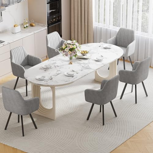 Ckaff Esszimmerstühle Drehbar mit Armlehne 6er Set, 360°Drehbar Polsterstuhl Küchenstuhl aus Samt, Stühle Esszimmer Schminkstuhl mit Metallbeine und Rückenlehne für Esszimmer Schlafzimmer, Hellgrau