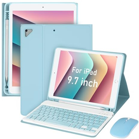 Nsyee Custodia con tastiera per iPad 9,7 2018 (6a generazione)/2017 (5a generazione)/2016 iPad Pro/Air 1/2, custodia con tastiera Bluetooth staccabile con portamatite e mouse per 9,7, funzione di