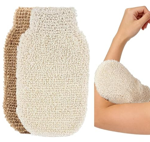 2er-Set Peelinghandschuhe aus Naturfasern für Körperpflege | Strukturierte Oberfläche zur sanften Reinigung und Massage feuchter Haut; nach Gebrauch ausspülen und trocknen lassen.