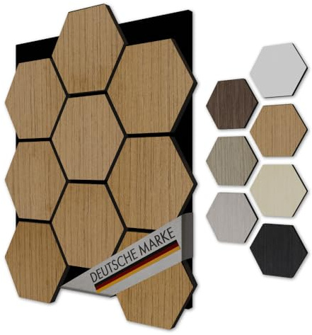 Akustiko Hexagon 3D Wandpaneele 3 Stück 567x693mm - Filz Akustikpaneele & MDF Träger Technisches Furnier Holzoptik Waben Wandverkleidung & Wanddekoration Edle Oberfläche (Teak)