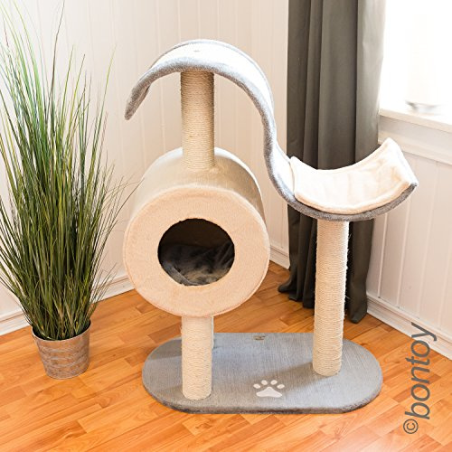 Kratzbaum ZORA 101cm Creme/grau mit großer Sisal-Welle und Höhle I Stabiler Stand für jedes Katzenabenteuer