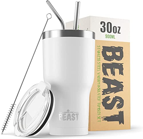 Beast Thermobecher 900 ml - Arktisches Weiß I Mehrweg Thermo Kaffeebecher To Go mit 2 Strohhalmen & Reinigungsbürste I Doppelwandiger Trinkbecher aus Edelstahl I Perfekt für Kaffee oder Eiskaffee