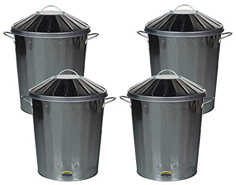 simpa 4 x 40L 40 Litre Galvanised Metal Dustbin Tapered Design Kitchen House Garden Storage Unit Bin.