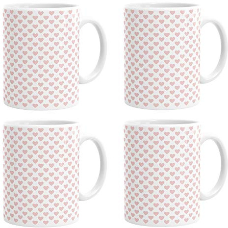 White & Pastel Pink Lovehearts Print Pattern Mug Coffee Cup Set of 4