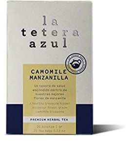 LA TETERA AZUL Infusión De Manzanilla. Infusión Digestiva Y Alivio De Gases. Camomile Manzanilla. 20 Bolsitas De 1 Gramo.