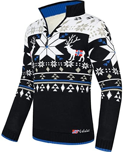 Nebulus Maglione da uomo Fria, caldo maglione a maglia con pelliccia sintetica e colletto alto, con chiusura lampo, look norvegese
