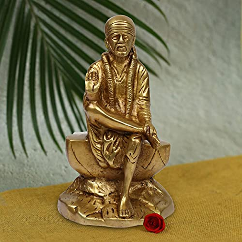 ARTVARKO Messing-Statue Sai Baba Segen Sainatha Sri Sai Om Sairam Bhagwan Religiöse Harmonie Geschenk spirituelle Heimdekoration und Schaustück 20,3 cm Höhe.