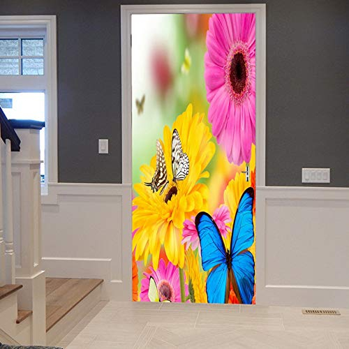A.Monamour Türtapete Selbstklebend Türfolie Türposter 3D Frühlings Saison Bunte Blumen Und Schmetterlinge Garten Natur Vinyl Folie Türdeko Tapete Wandbild Türaufkleber Türtattoo 77 x 200 cm