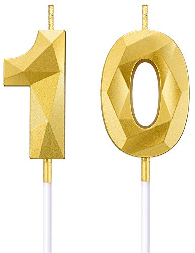 BBTO 10. Geburtstag Nummer Kerzen 3D Diamant Form Kuchen Kerzen Zahl 10 Kuchen Topper Dekoration für Geburtstag Hochzeit Jahrestag Feier Lieferung, Gold
