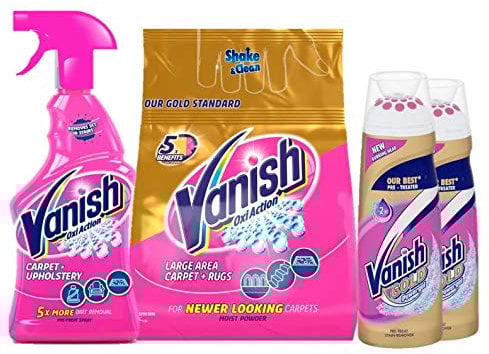 VANISH Oxi Action Stain Remover Power Spray Carpet Cleaning 500ml, Gold Stain Remover Power Powder Carpet 650g Fabric Stain Remover Gold Prewash Power Gel 200ml, Pack of 2
