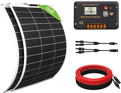 ECO-WORTHY 260W 12V Flexible Solar Panel Kit: 2pcs 130 Watts Solar Panel + 30A LCD Display PWM Charge Controller for RV Boat Cabin Motorhome Caravan Camper Trailer