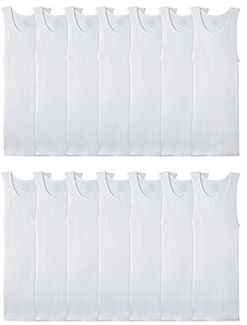 Fruit Of The Loom Mens Sleeveless Tank A-shirt, Tag Free & Moisture Wicking, Ribbed Stretch Fabric Undershirt, 14 Pack - White, Medium US
