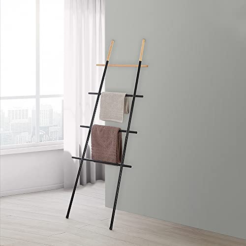 Scala Porta Asciugamani Moderna H 170 cm, Realizzata in Acciaio e Particolari in bambù, 4 Ripiani (Nero)