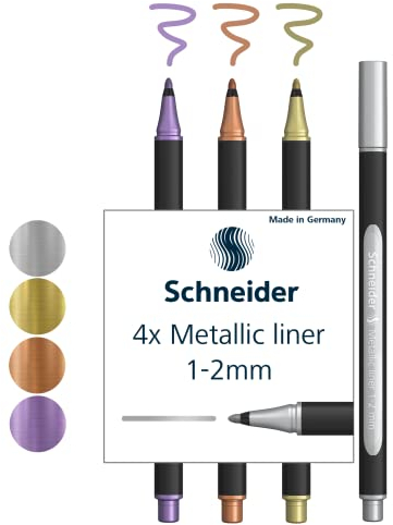 Schneider Paint-It Metallicliner 020 (Strichstärke 1-2 mm, hochmetallische Tinte, schnelltrocknend, Gehäuse aus 88% biobasiertem Kunststoff) 4er Etui: silver, gold, copper, violet