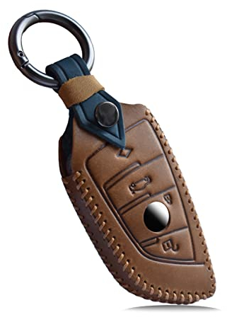 HIBEYO Coque de clé de Voiture Intelligente Compatible avec BMW - pour clé Intelligente 1, 2, 5, 6, 7, X1, X2, X3, X5, X6 - avec Porte-clés en Cuir - Marron