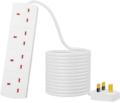 Extension lead 10 Meter long Cable 4 Gang Approx.13 Ampere Heavy Duty 3 Pin UK Certified Plug Lead Ideal For Multiple Appliances of Home & Office White