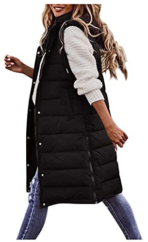 HHMY Lange Steppweste Damen - Leichte Steppweste Mit Kapuze Schlanke Weste Jacke Winter Steppjacke Ärmellose Kapuzenweste Tragbare Steppmantel Winddichte, A02-Schwarz, 4XL