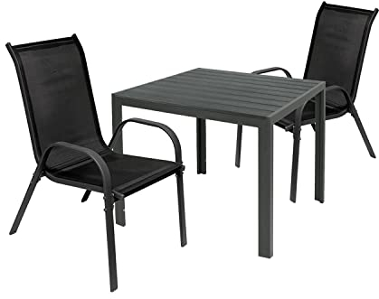 Mojawo Hochwertige Gartengarnitur 3-teilig Gartentisch 90x90cm Anthrazit Grau + 2 Stapelstühle Textilen Anthrazit/Schwarz