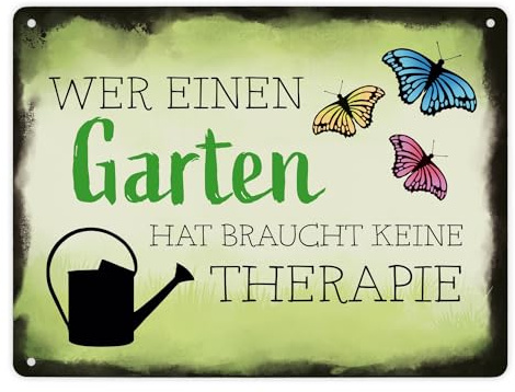 speecheese Garten-Schild 'Wer einen Garten hat braucht keine Therapie' in 21x28 cm, Aluminium, Rustikal, für den Garten
