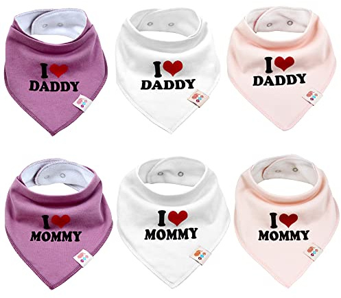 M.M.C. Lätzchen Baby 6er Set I Love Mommy und Daddy – Dreieckstuch Baby, Halstuch und Sabberlätzchen aus Baumwolle für Junge und Mädchen, verstellbare Druckknöpfe