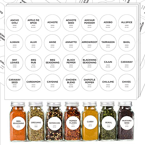 Prefdo Lot de 140 étiquettes pour pots à épices pré-imprimées, texte noir minimaliste sur blanc, autocollants ronds d'assaisonnement avec noms pour organisation des étagères à herbes et épices