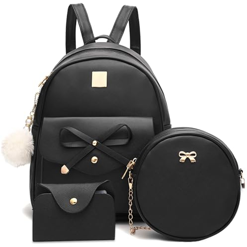 IHAYNER Mädchen-Rucksack mit Schleife, 3-teilig, aus Kunstleder, Rucksack für Damen, Schultertasche, Iweu2023s309037-schwarz, Medium